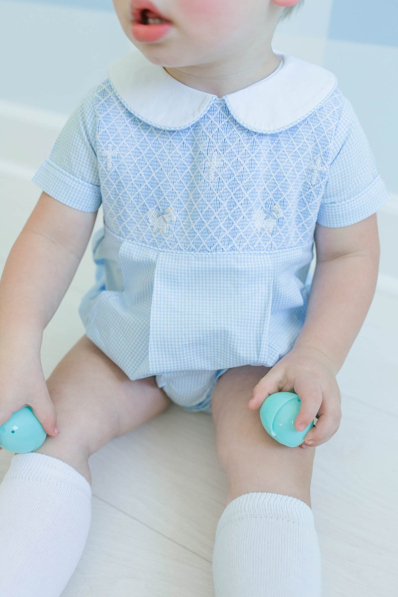 Blue Gingham Smocked Cross and Lamb Bubble