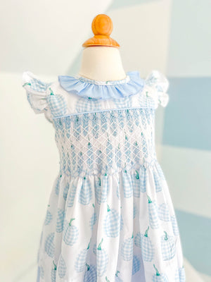 Blue Gingham Pumpkin Smocked Dress