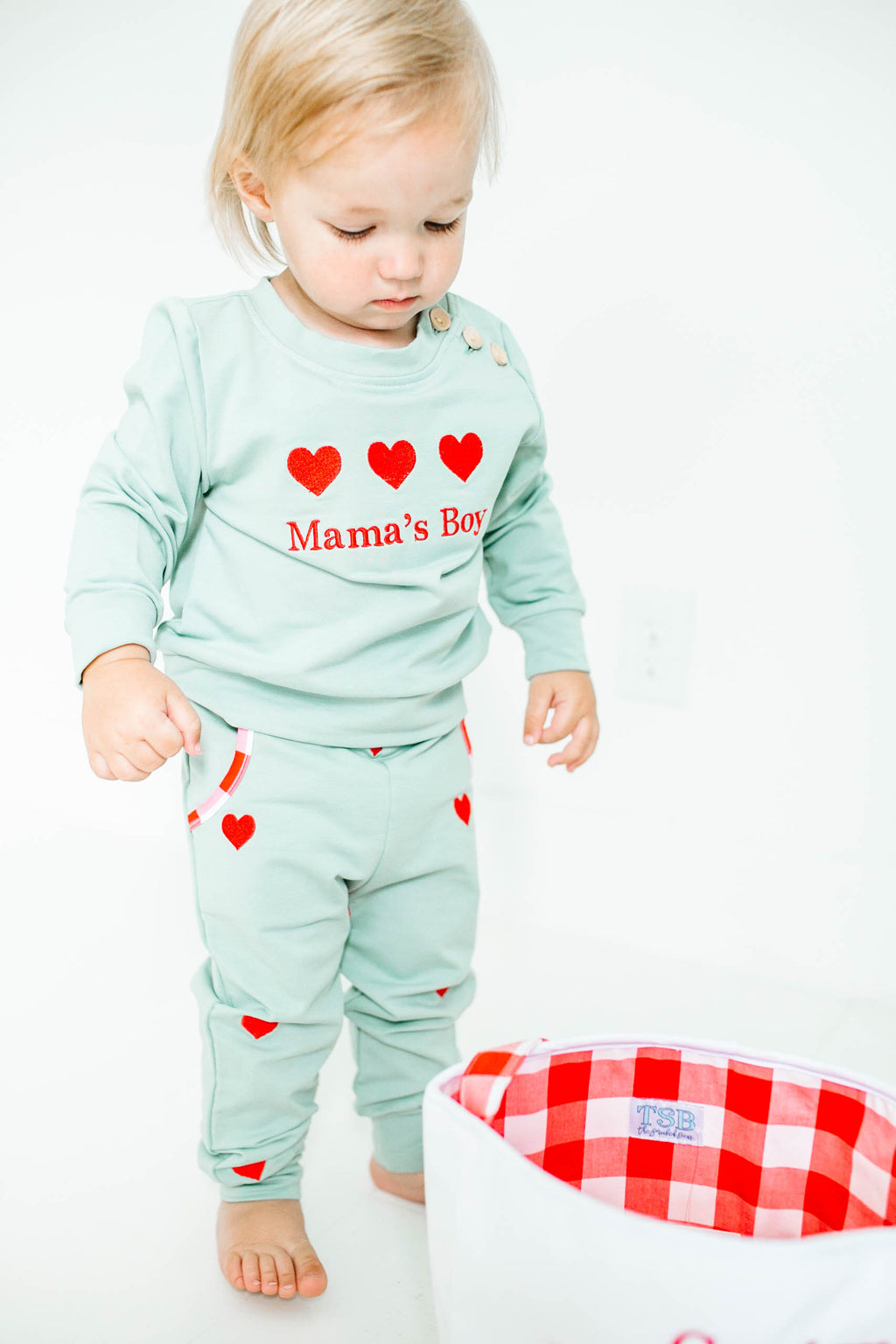 Mama's Boy Valentine Heart Applique Knit Sweatshirt Pant Set